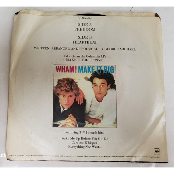 Record 45 RPM Vinyl  Wham! Freedom/ Heartbeat with Picture Sleeve VINTAGE  1984 - Picture 2 of 6
